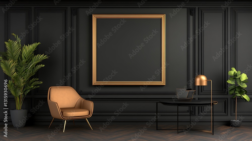 Fototapeta premium Elegant Gold Frame Mockup: 3D Render of a Dark Interior Setting AI Generated