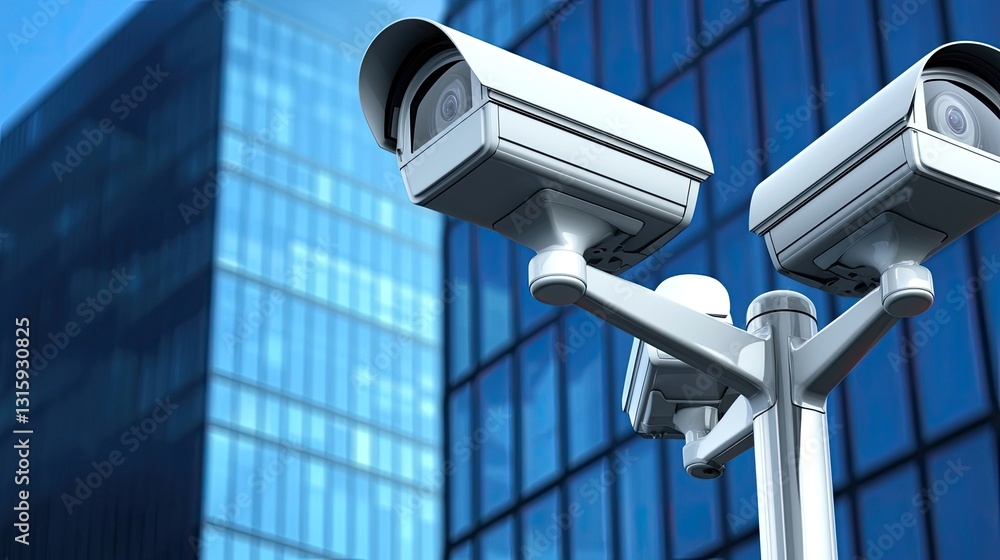 Modern Surveillance Cameras Installed on a Pole in Front of Glass Facade Buildings in a Busy Urban Area Modern Surveillance Cameras Installed on a Pole in Front of Glass Facade Buildings in a Busy Urban Area