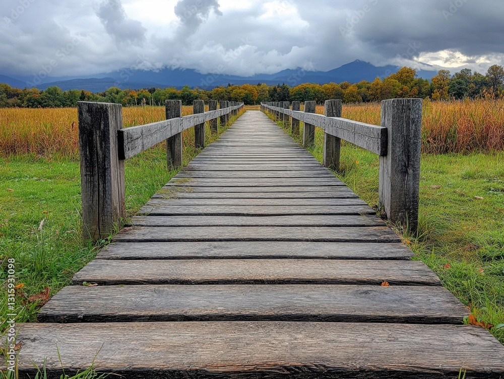Obraz premium Charming wooden bridge nestled in a field surrounded by nature inviting relaxation and nature therapy experience