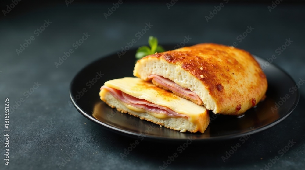 Aromatic Crispy Bread with Melted Cheese and Ham on a Dark Plate