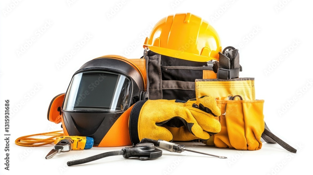 Fototapeta premium Detailed and sharp welding safety gear kit with heat-resistant gloves, auto-darkening welding helmet, and protective apron on a white background