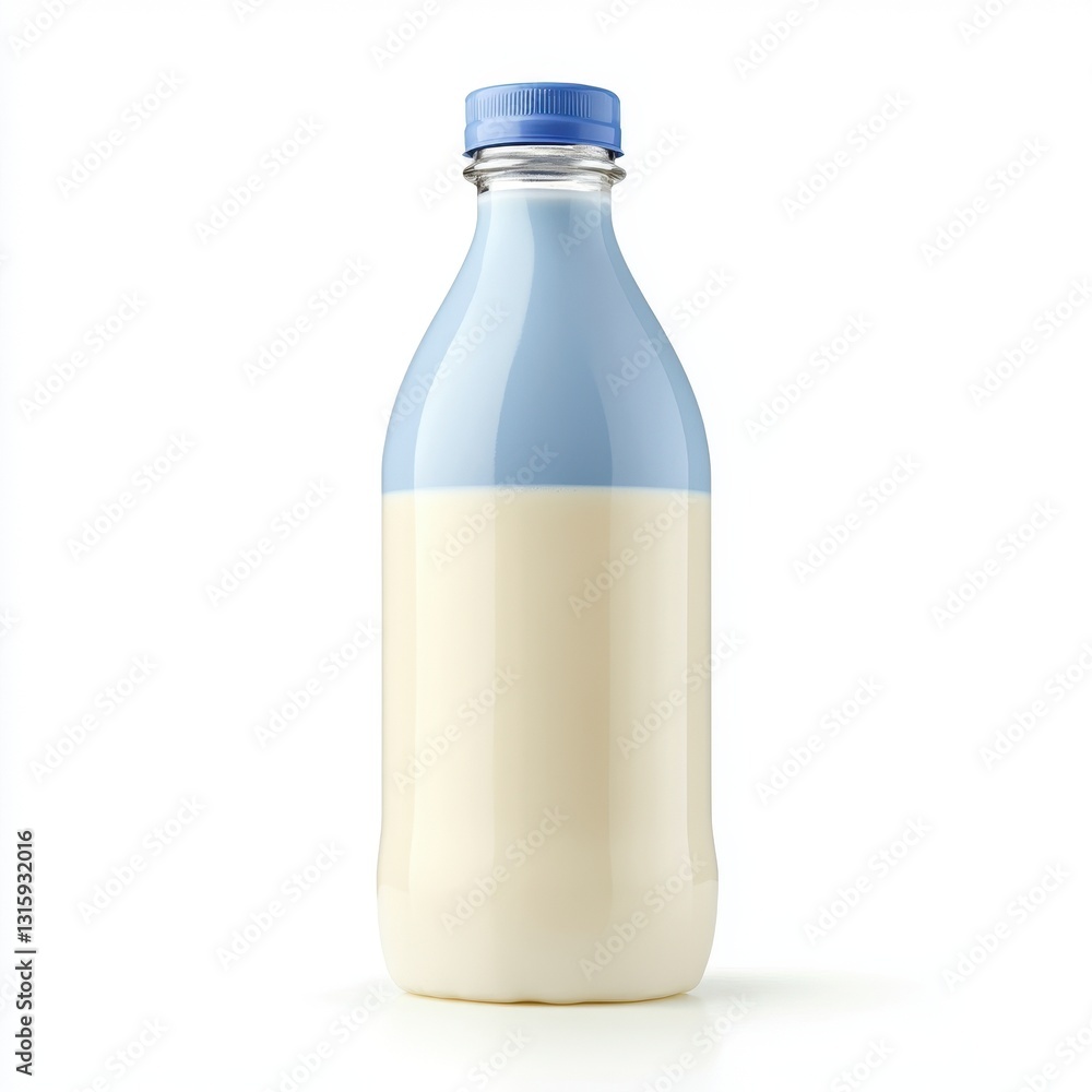 Creamy Milk Bottle with Blue Cap on White Background Creamy Milk Bottle with Blue Cap on White Background