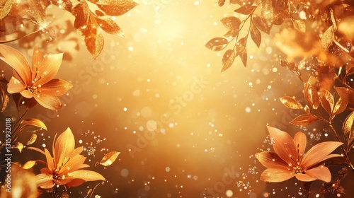 Radiant golden floral celebration enchanted garden digital artwork serene atmosphere close-up perspective nature's elegance emphasized