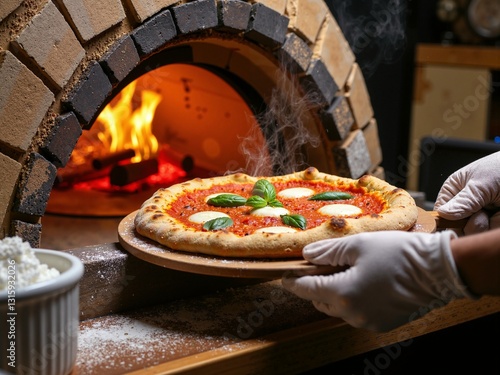 Freshly baked margherita pizza on cutting board in the hands of baker in kitchen near open oven with burning firewood inside