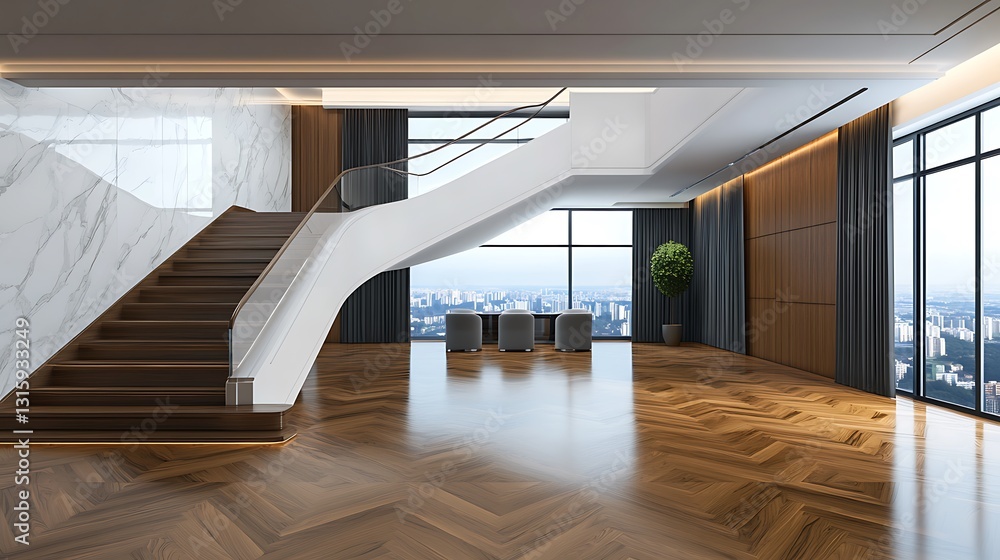 Obraz premium Modern Floating Staircase Design: 3D Render of Luxury Penthouse Interior AI Generated
