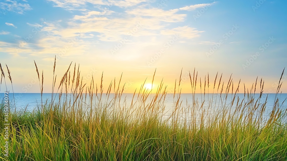 Golden Hour Sunset Over Coastal Grasslands AI Generated Golden Hour Sunset Over Coastal Grasslands AI Generated