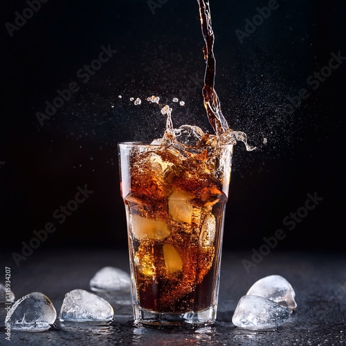 Pour soft drink in glass with ice splash on the table
