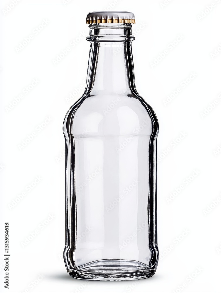 Modern glass bottle with a gold cap on a bright white background ideal for elegant beverage presentation and display Modern glass bottle with a gold cap on a bright white background ideal for elegant beverage presentation and display