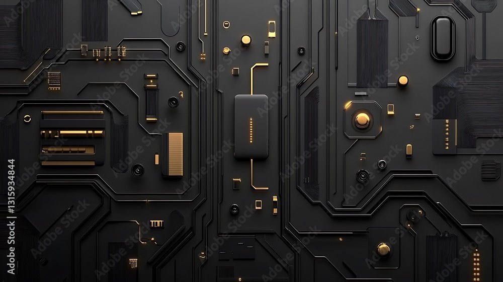 Dark Gold & Black Circuit Board: Detailed 3D Render AI Generated Dark Gold & Black Circuit Board: Detailed 3D Render AI Generated