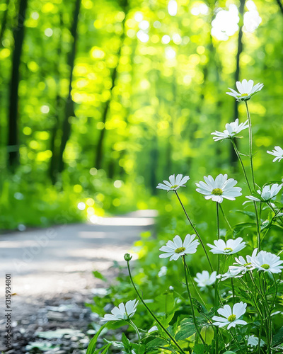 serene forest path with white flowers and sunlight filtering through trees