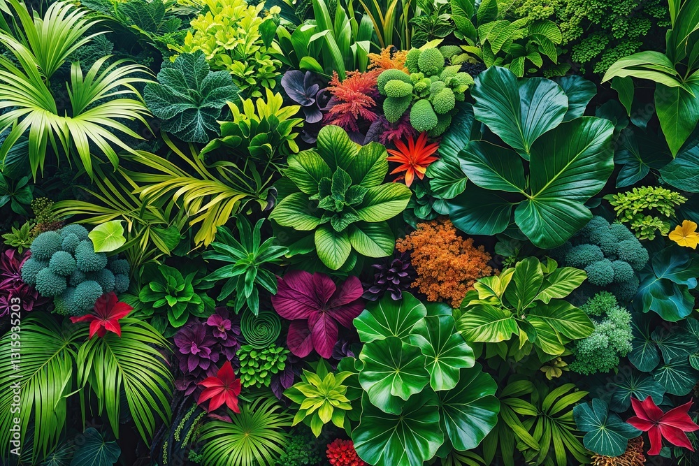 Fototapeta premium Vibrant Organic Tapestry of Lush Green Leaves and Colorful Vegetation