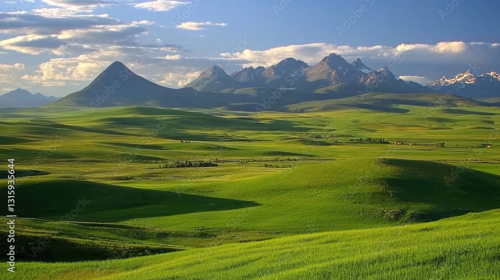 Fototapeta premium Expansive Green Landscape with Rolling Hills and Majestic Mountains Under a Bright Blue Sky with Fluffy White Clouds in a Serene Natural Setting