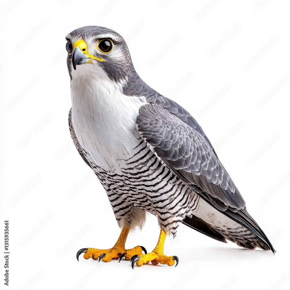 Striking gray hawk with a beak posed against a clean white background showcasing its impressive features Striking gray hawk with a beak posed against a clean white background showcasing its impressive features