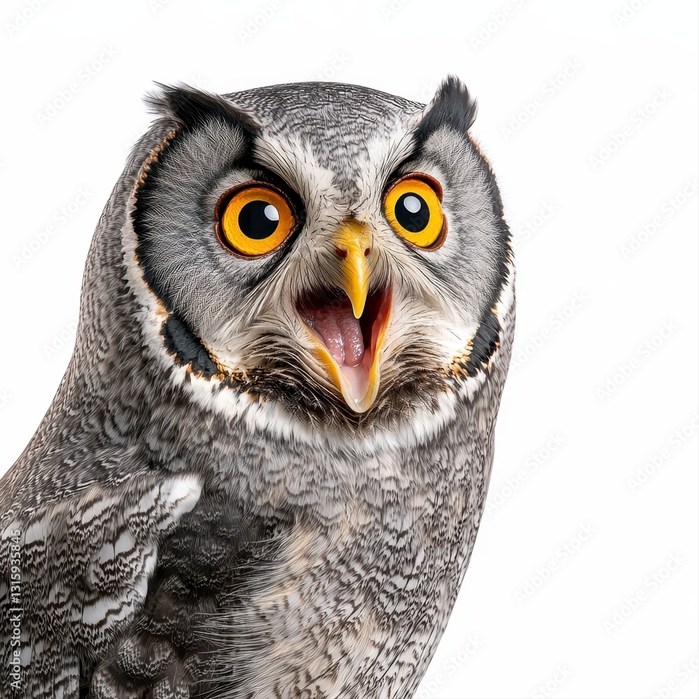 Obraz premium Impressive and very big gray owl with a tilted head showcasing its unique features against a clean white background