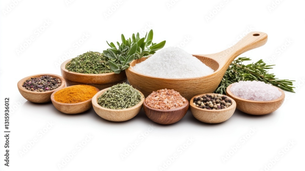 High-quality isolated image of an organic seasoning set with farm-fresh dried herbs and salts, placed on a pure white background, perfect for gourmet cooking enthusiasts High-quality isolated image of an organic seasoning set with farm-fresh dried herbs and salts, placed on a pure white background, perfect for gourmet cooking enthusiasts