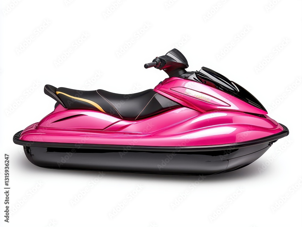 Naklejka premium A dynamic magenta jet ski displayed in a side view with a curved seat isolated on a white background for impact