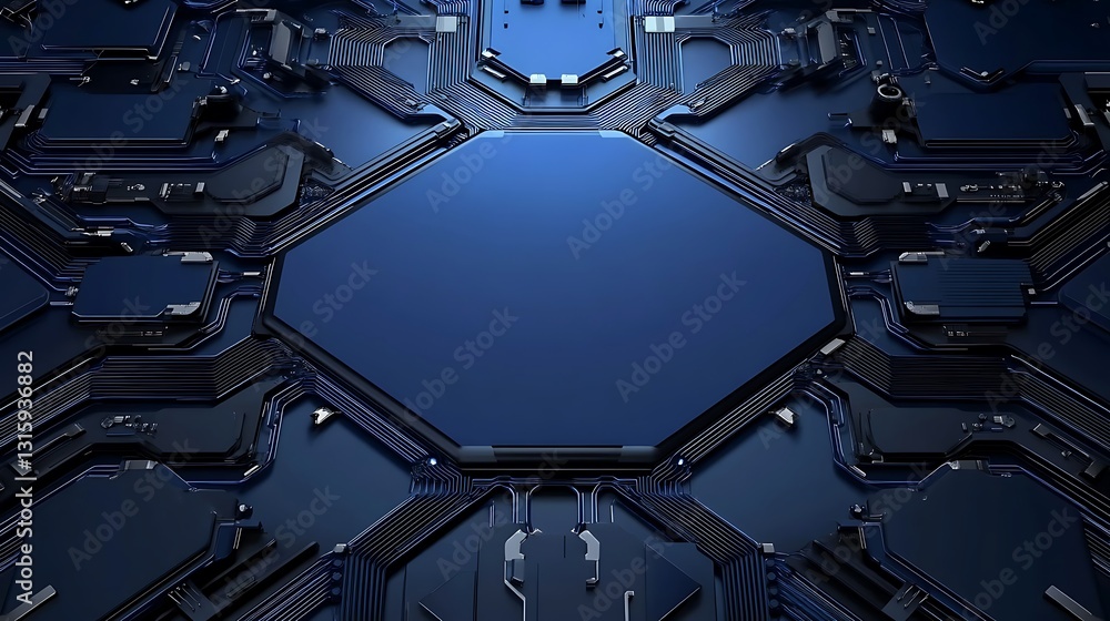 Fototapeta premium Dark Blue Octagonal Tech Panel: A 3D Render of Futuristic Circuitry AI Generated