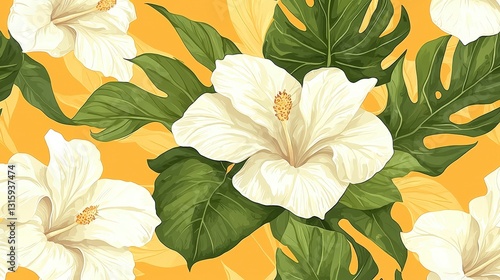 Tropical Hibiscus Flowers  Monstera Leaves  Yellow Background  Seamless Pattern Wallpaper