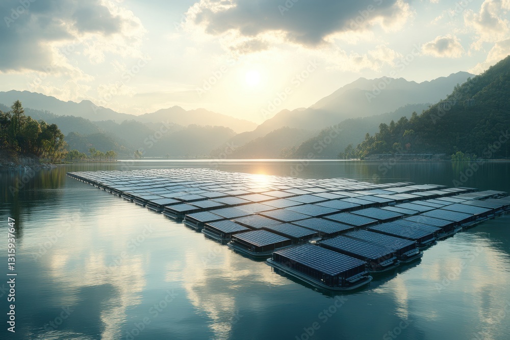 Obraz premium Floating solar panels on a serene lake, reflecting sunlight. Sustainable energy for a cleaner future with mountains in the background. isolated on transparent background
