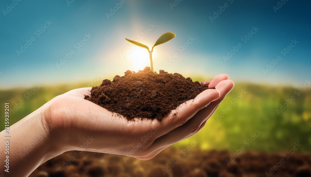 Fototapeta premium hand holding a handful of soil with a seed growing on it