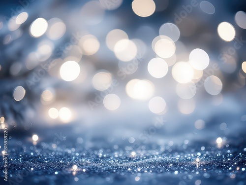 A cozy winter background featuring frosted pine branches, snowflakes, and glowing lights, perfect for holiday or festive designs.