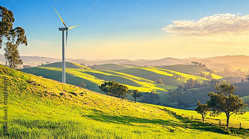 Sunrise over rolling hills with wind turbine. Lush green pastures, gentle slopes, and a tranquil landscape Sunrise over rolling hills with wind turbine. Lush green pastures, gentle slopes, and a tranquil landscape