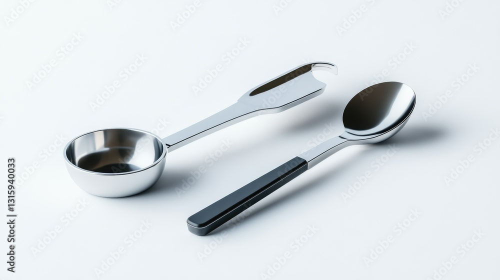 High-quality isolated image of a stainless steel coffee scoop and tamper set, placed on a pure white background, perfect for barista tools branding High-quality isolated image of a stainless steel coffee scoop and tamper set, placed on a pure white background, perfect for barista tools branding