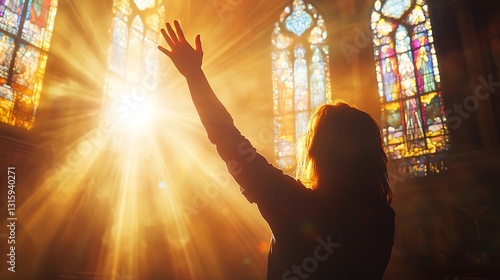 Woman raises hand in prayer, bathed in sunlight streaming through church stained glass windows.