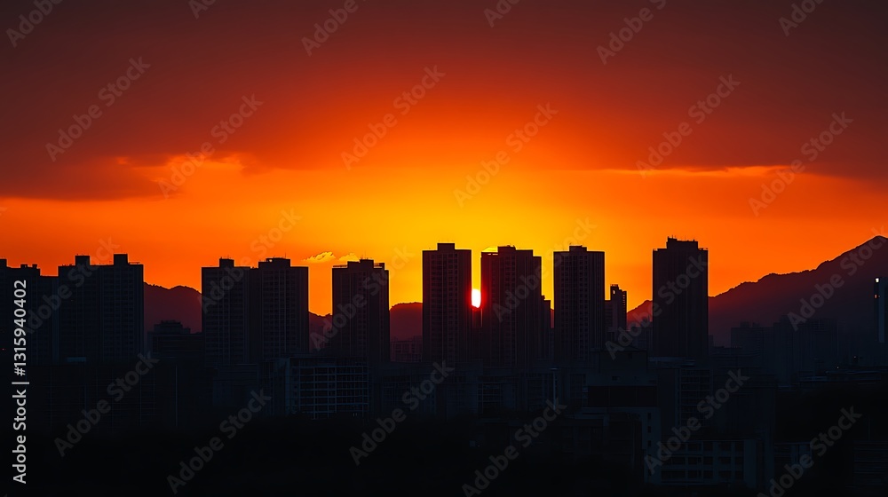 Fiery sunset behind silhouetted city skyline. Fiery sunset behind silhouetted city skyline.