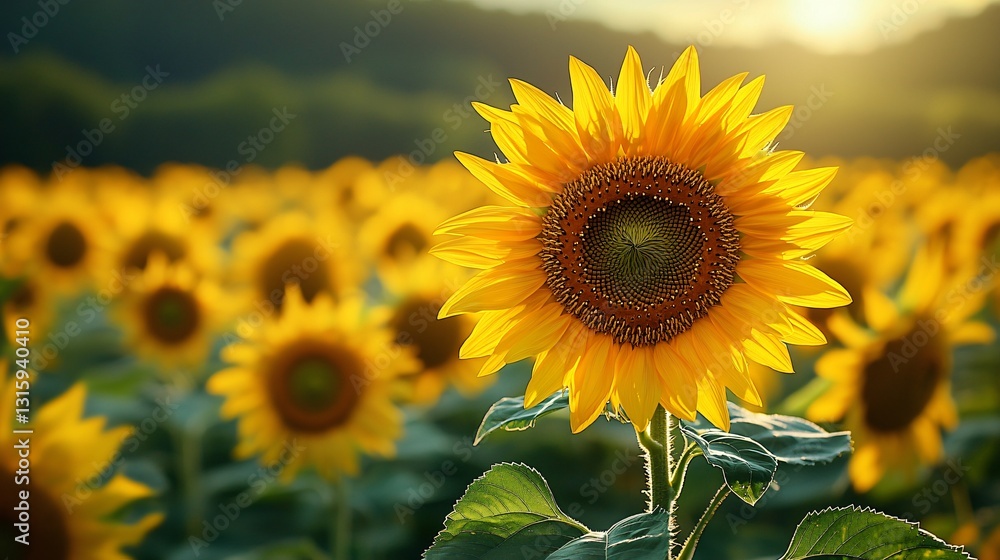 Bright and Cheerful Sunflower Standing Tall in a Vast Field During Golden Hour Light Bright and Cheerful Sunflower Standing Tall in a Vast Field During Golden Hour Light
