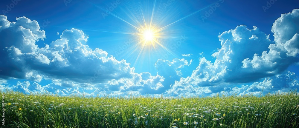 Bright Sunlit Sky with Fluffy Clouds Over a Green Meadow in Summer Bright Sunlit Sky with Fluffy Clouds Over a Green Meadow in Summer