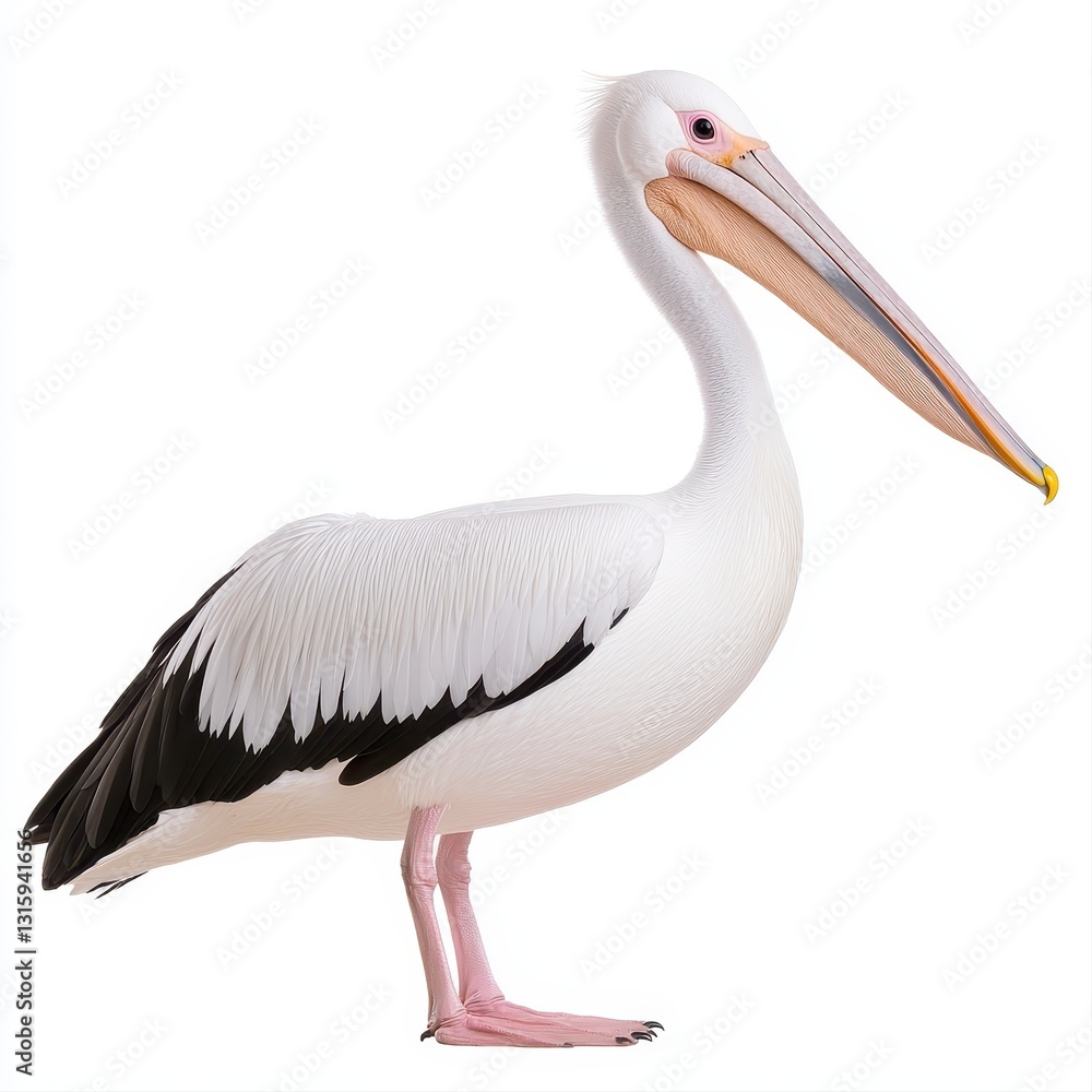 Fototapeta premium Exquisite white pelican with a distinctive gray beak posing gracefully against a minimalist white background