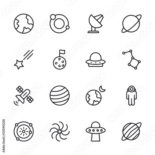 A set of space related icons including a planet, a star, a spaceship
