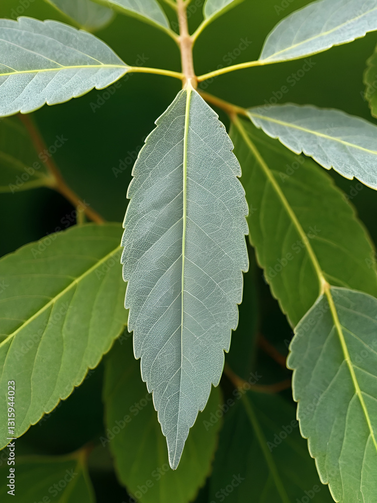A silverberry leaf, narrow and oval with a silvery green upper surface A silverberry leaf, narrow and oval with a silvery green upper surface