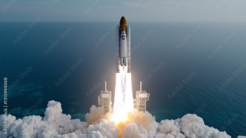 Obraz premium Space Shuttle Launch Rocket Ascending Over Ocean