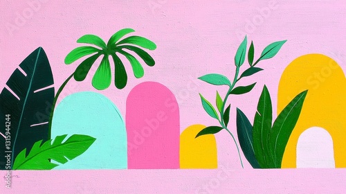Tropical Mid-Century Canvas Art, vibrant palm leaves intertwined with tiki bar motifs, ideal for adding a retro flair to any living space or tropical-themed setting