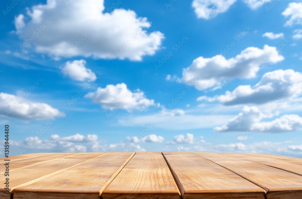 Wooden Surface and Blue Sky with Clouds Wooden Surface and Blue Sky with Clouds