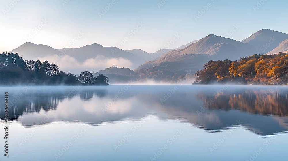 Serene autumn sunrise over a calm lake with mist and mountain reflections. Serene autumn sunrise over a calm lake with mist and mountain reflections.