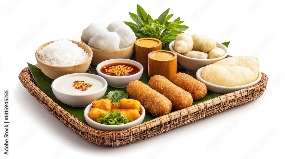High-resolution image of a Vietnamese street snack set with grilled rice paper (banh trang nuong), fried fish cakes, and dipping sauces against a white backdrop High-resolution image of a Vietnamese street snack set with grilled rice paper (banh trang nuong), fried fish cakes, and dipping sauces against a white backdrop