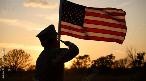 A soldier salutes the American flag at sunset