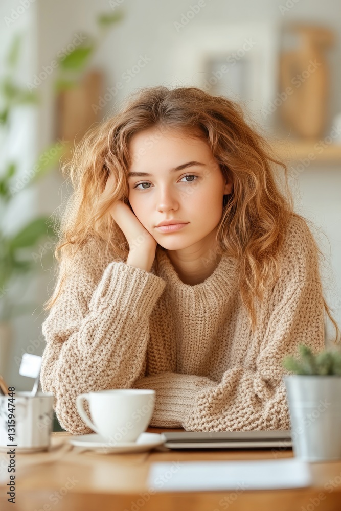 Pensive Young Woman in Cozy Sweater with Coffee in Modern Cafe Setting Pensive Young Woman in Cozy Sweater with Coffee in Modern Cafe Setting