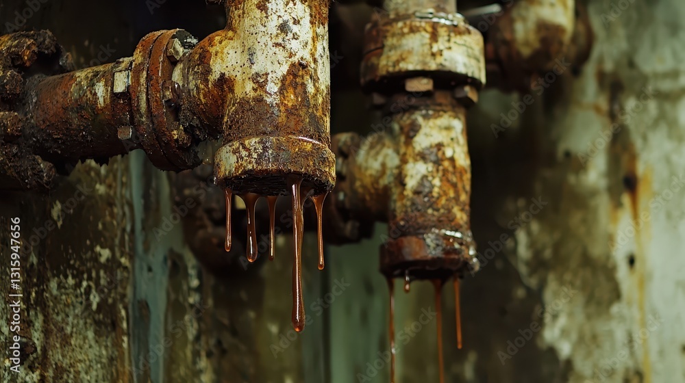 Rusty Industrial Pipes with Dripping Liquid in Abandoned Setting Rusty Industrial Pipes with Dripping Liquid in Abandoned Setting