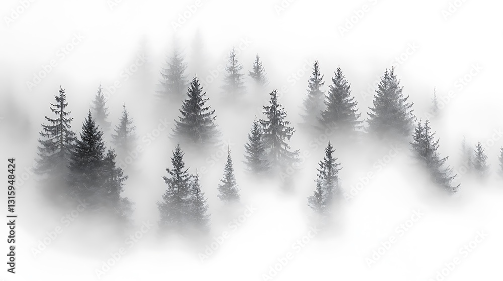 Fototapeta premium Misty forest, aerial view of evergreen trees shrouded in fog.