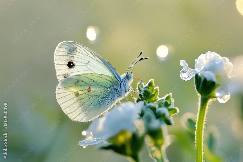 Naklejka premium A tiny butterfly with pearlescent wings reflecting light beautifully.