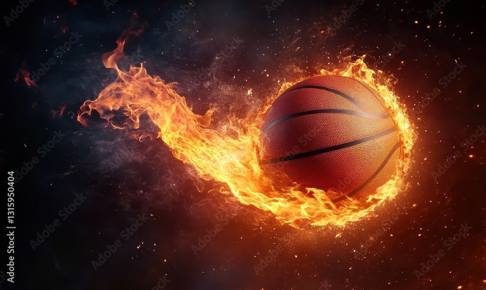 Fiery Basketball in Motion Against Dark Starry Background Fiery Basketball in Motion Against Dark Starry Background
