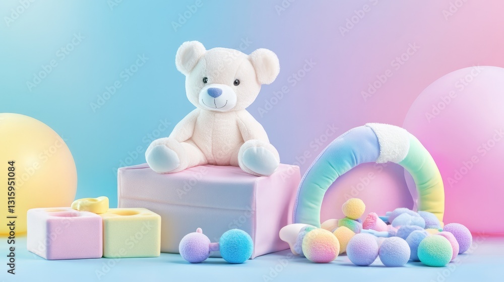 Studio shot of a baby first toy set with soft plush rattles and sensory blocks, isolated with soft lighting, creating a professional and adorable look Studio shot of a baby first toy set with soft plush rattles and sensory blocks, isolated with soft lighting, creating a professional and adorable look