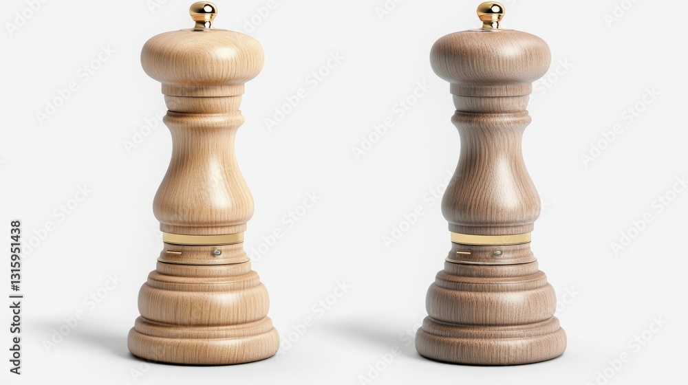 Studio shot of a classic salt and pepper mill set with adjustable grinding mechanisms, isolated with soft lighting, creating a professional and timeless look Studio shot of a classic salt and pepper mill set with adjustable grinding mechanisms, isolated with soft lighting, creating a professional and timeless look