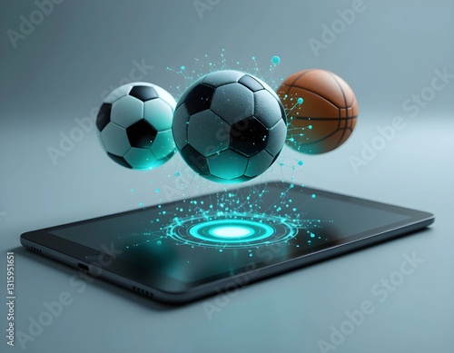Wallpaper Mural Sports App: A sleek tablet hovering three sports ball: soccer, basketball, baseball, soccer, with digital effect, captures the essence of modern sports technology and engagement. Ai generated image Torontodigital.ca