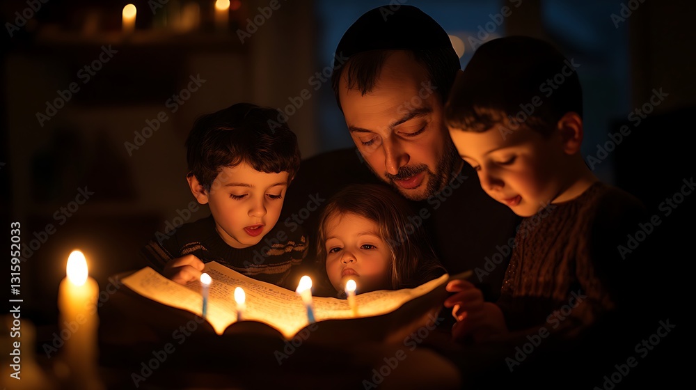 Father and three children reading a book illuminated by candles. Father and three children reading a book illuminated by candles.