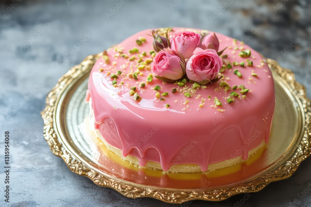 Fototapeta premium Decadent rose pistachio cake with glossy glaze on an elegant golden platter